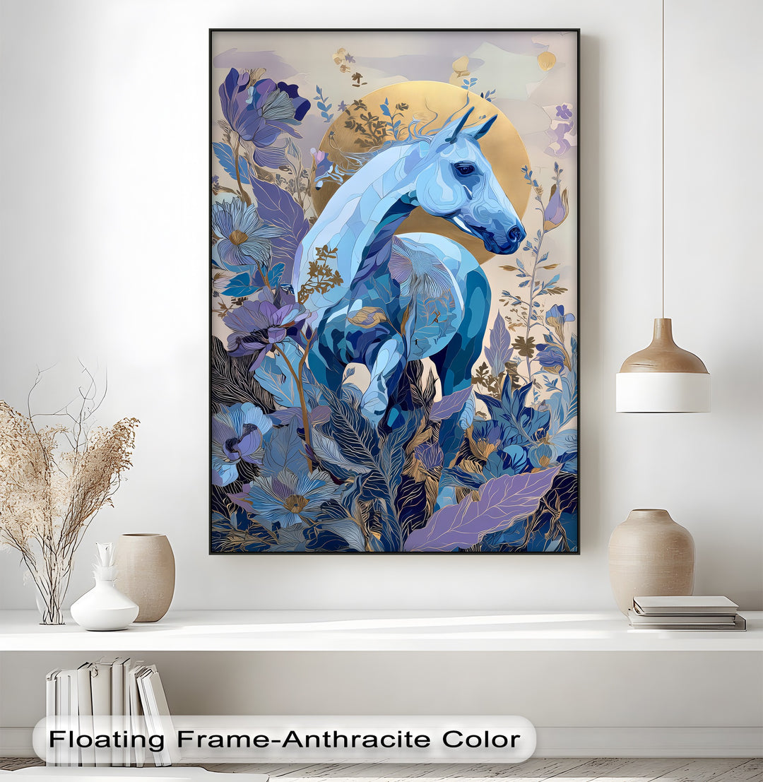 Celestial Bloom – Blue Horse in Golden Floral Fantasy Canvas Print