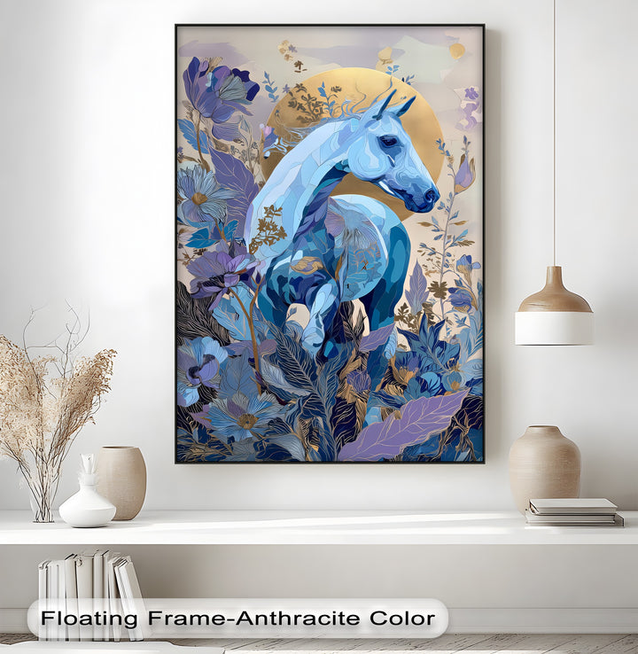 Celestial Bloom – Blue Horse in Golden Floral Fantasy Canvas Print
