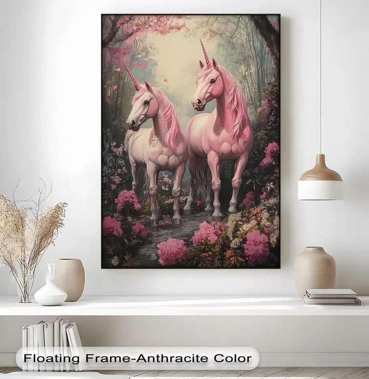 Pink Unicorns in Enchanted Forest - Animal Canvas Print - MyPhotoStation