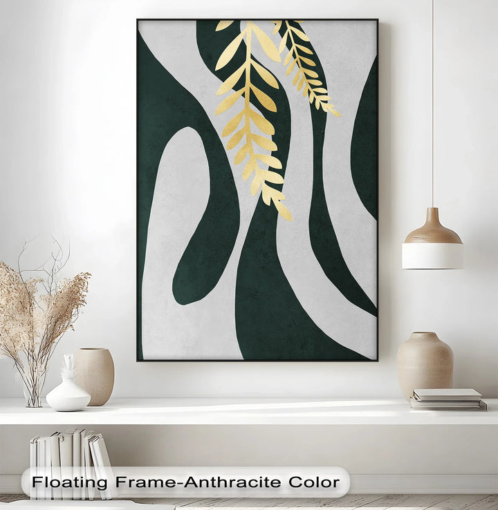 Golden Fern Over Emerald Flow – Minimal Botanical Canvas Print - MyPhotoStation