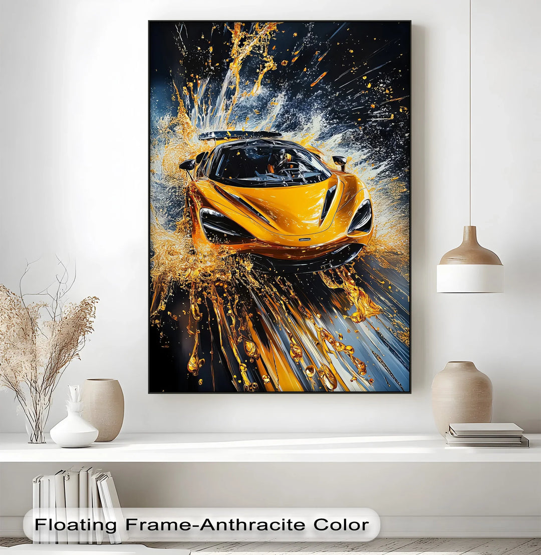 Velocity Splash – Yellow Supercar in Liquid Motion Canvas Print - MyPhotoStation