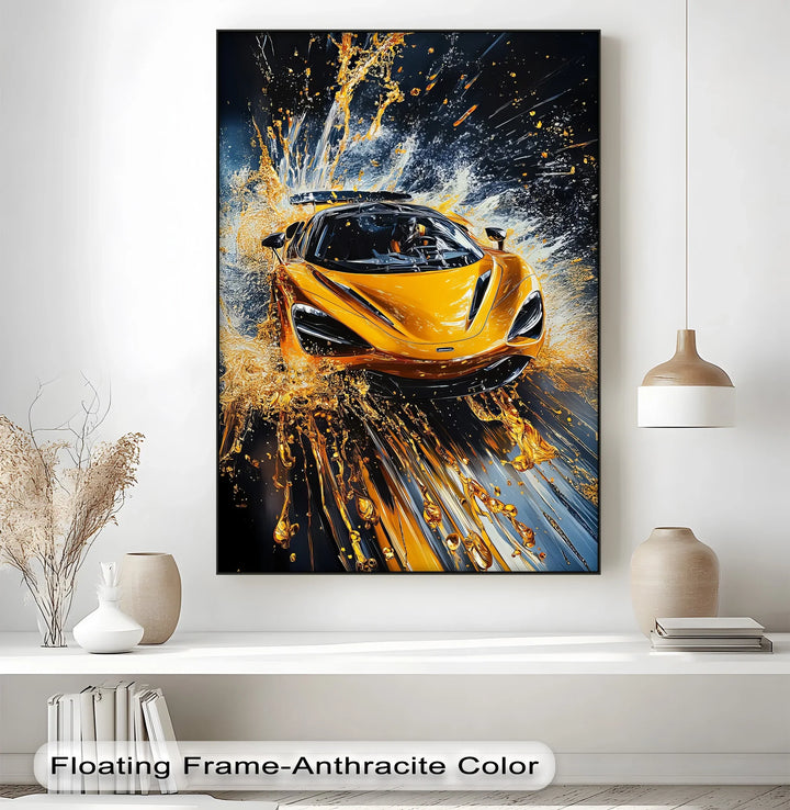 Velocity Splash – Yellow Supercar in Liquid Motion Canvas Print - MyPhotoStation