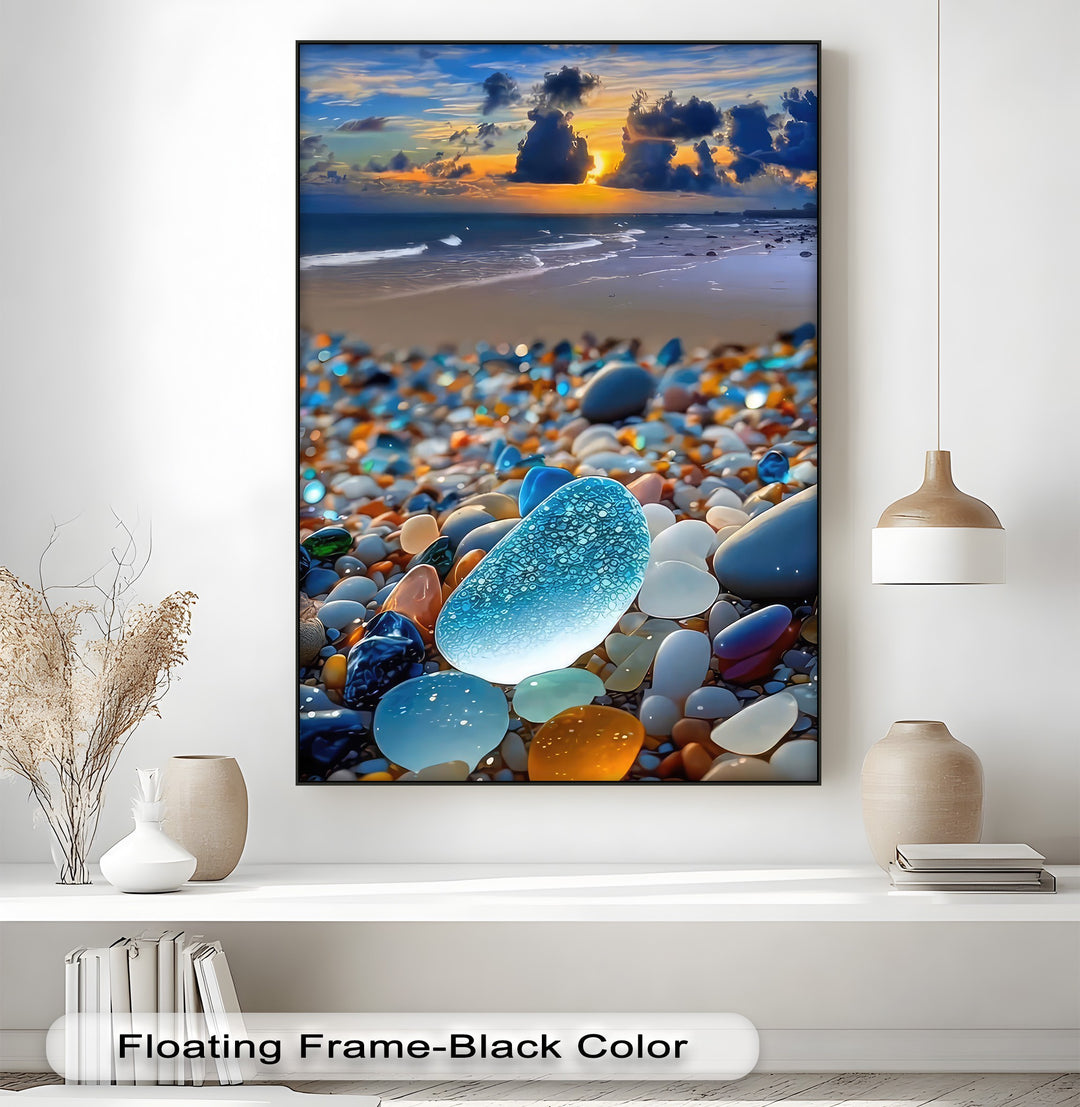 The darkest blues and purples of the deep ocean and heavy sunset clouds are central to this captivating sea glass beach canvas wall art.
