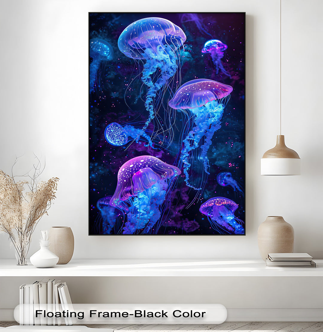 Exquisite canvas wall art highlights the luminous detail and vibrant glow of neon jellyfish, creating a stunning visual impact.