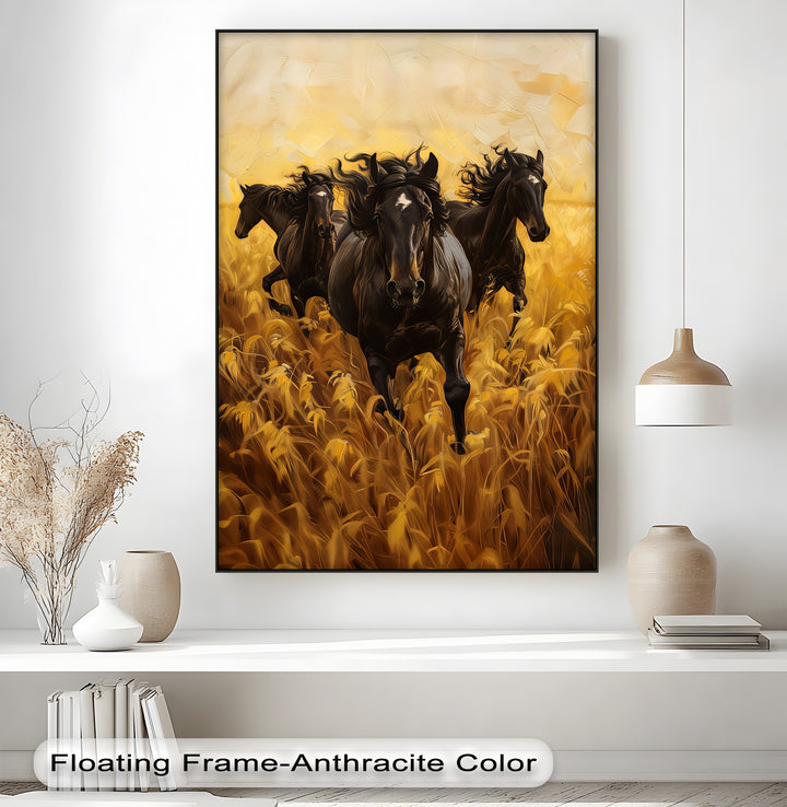 Black Horses Running Through a Wheat Field - Horse Canvas Print