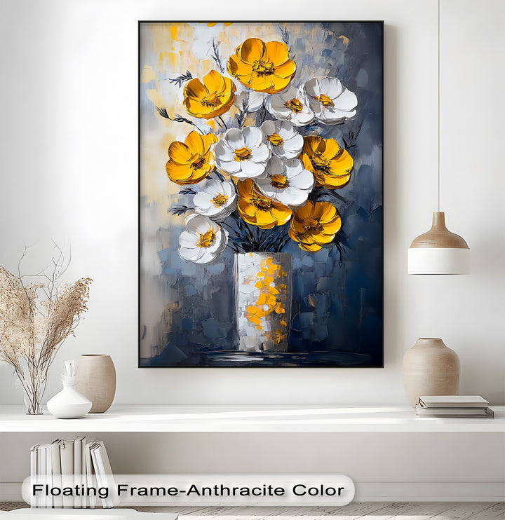 Sunlit Elegance – Yellow and White Poppies in Vase Canvas Print