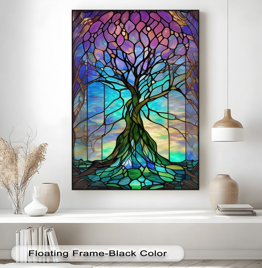 Intense color contrast of the stained glass tree's vibrant purple leaves against a luminous turquoise sky defines this best canvas print.