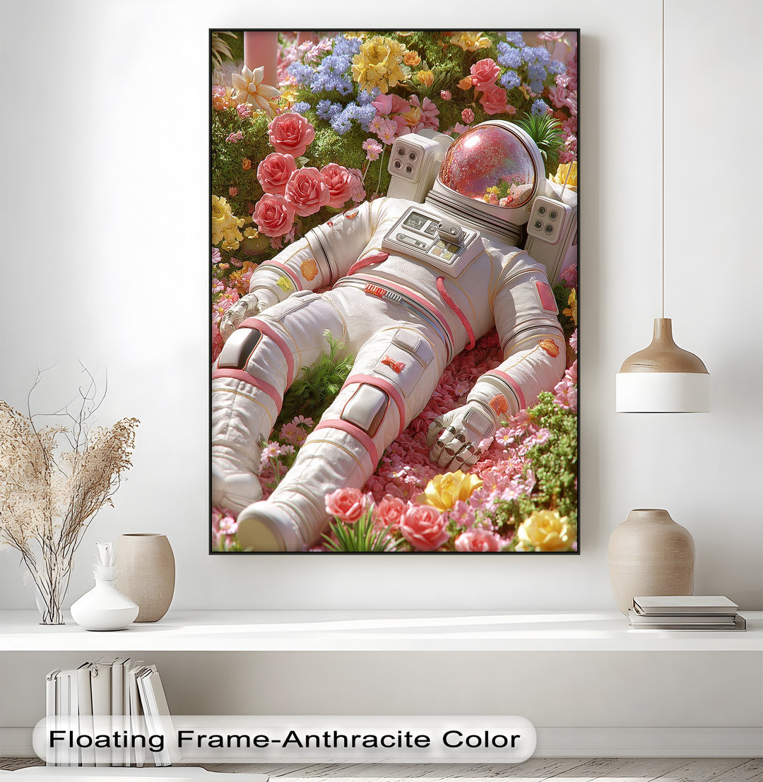 Astronaut Resting in a Garden of Flowers - Pink Canvas Print