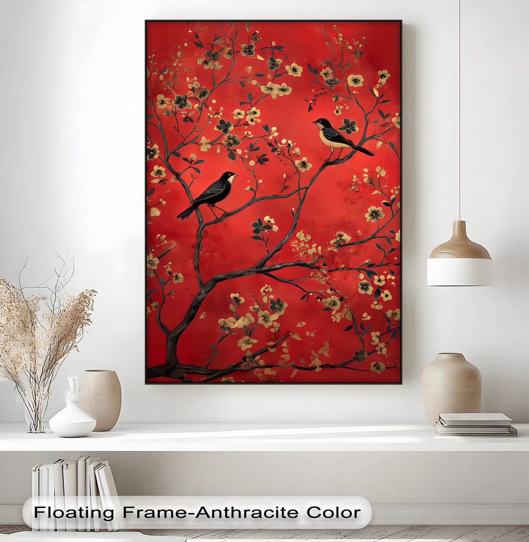 Crimson Melody – Golden Blossom Birds Canvas Wall Art | Framed Art