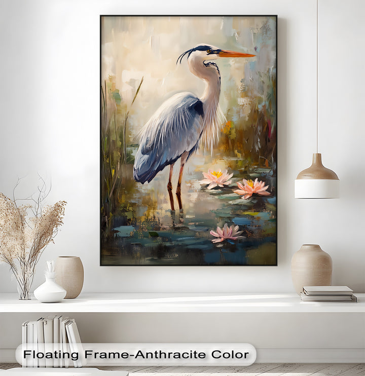 Graceful Heron Among Lilies – Serene Wildlife Canvas Print