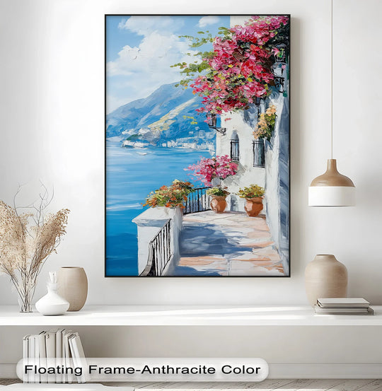 Visible surface texture defines the sunlit balcony seaside floral high quality canvas prints with its impasto brushstrokes creating depth.