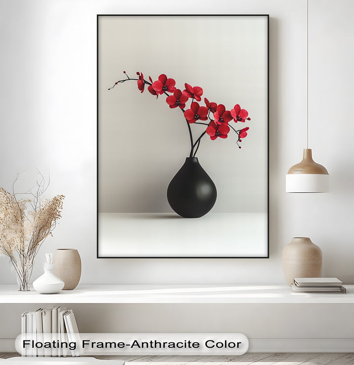 Minimalist Red Orchids in Black Vase – Contemporary Floral Canvas Print