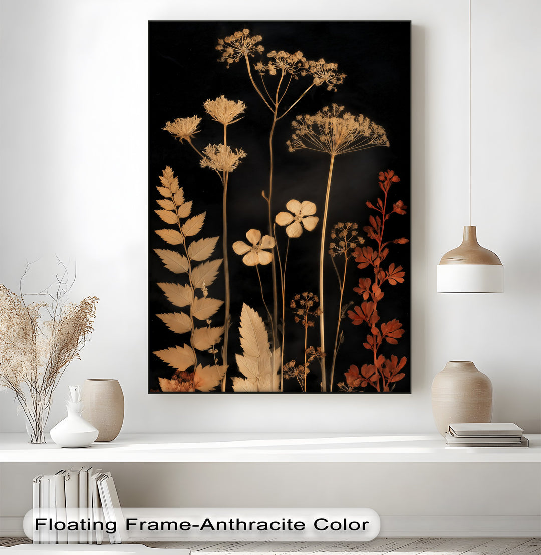 Striking color contrast defines this elegant botanical silhouette canvas art prints, showcasing golden floral stems against a deep, dark background in a nature wall art piece.
