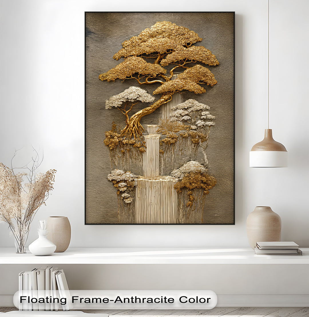 Golden Harmony – Layered Bonsai Trees and Waterfall Canvas Print
