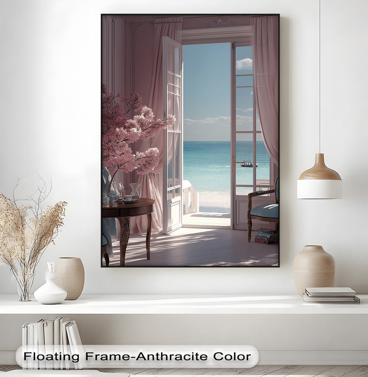 Seaside Serenity – Elegant Room with Ocean View Canvas Print