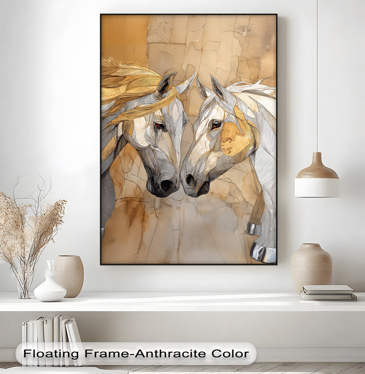 Desert Bond – Twin Horses in Earth-Tone Line Art Canvas Print