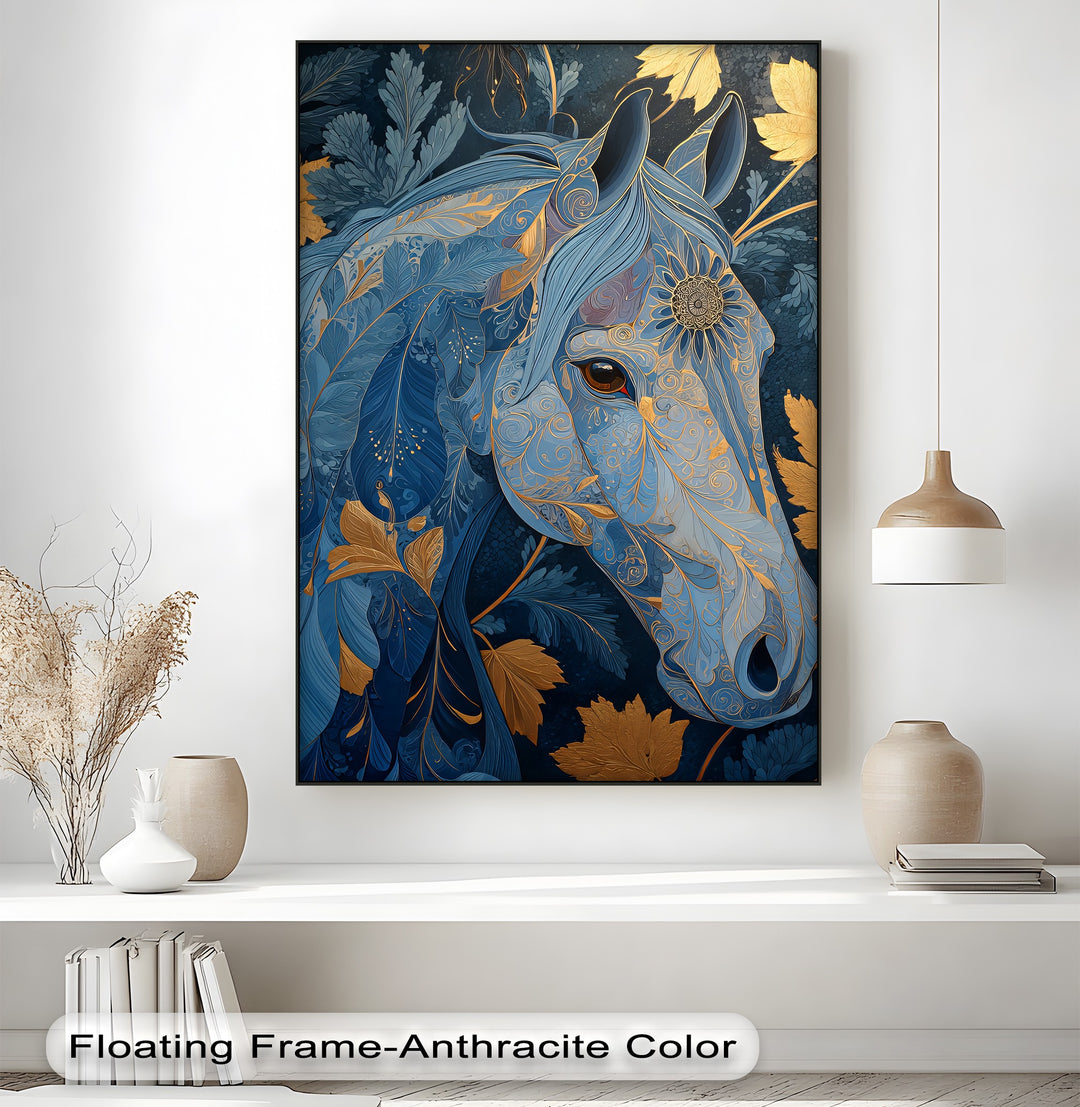 Golden Gaze – Ornamental Blue Horse Canvas Print