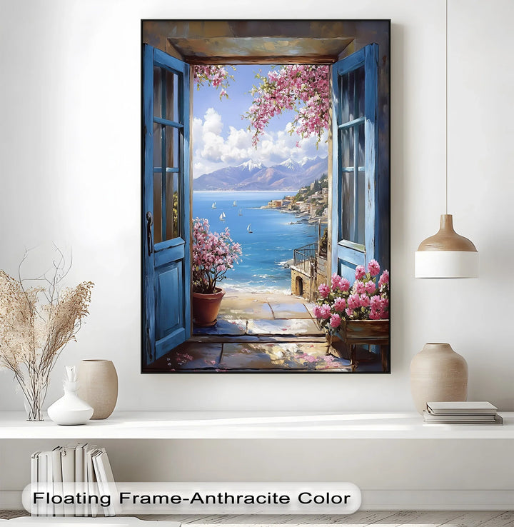 Mediterranean View – Open Window with Coastal Seascape Canvas Print - MyPhotoStation