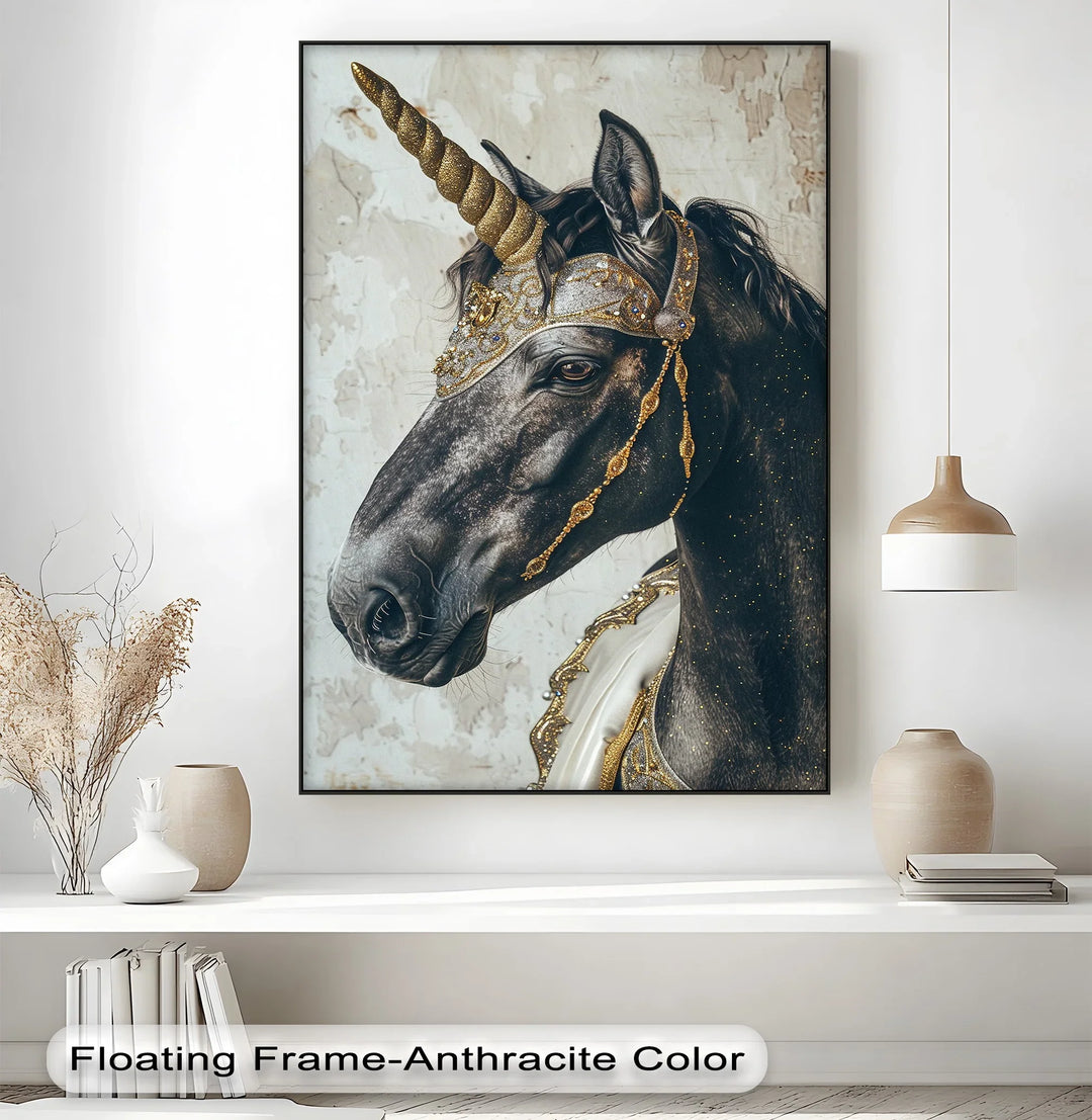 Regal Black Unicorn with Golden Armor – Fantasy Animal Canvas Print - MyPhotoStation