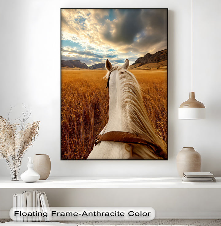 White Horse Overlooking a Golden Field - Horse Canvas Print