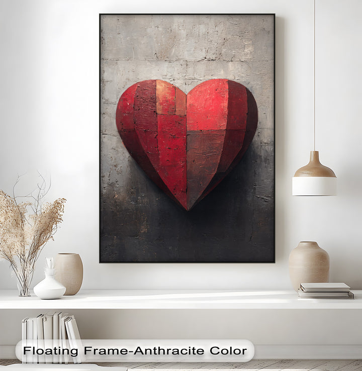 The stark negative space around the striking red heart draws attention to the textured details of this canvas wall art, a rustic and romantic print.