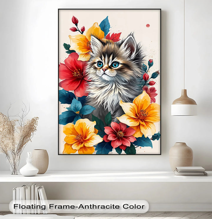 Fluffy Kitten Surrounded by Vibrant Florals - Cat Canvas Print - MyPhotoStation