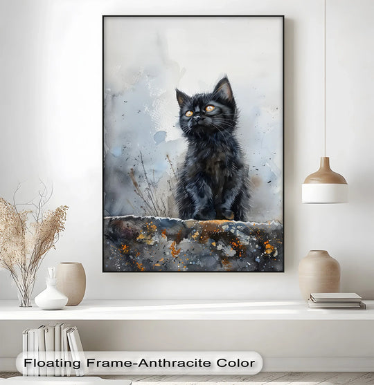Pensive mood emanates from this captivating canvas painting of a black kitten with striking amber eyes, a watercolor-style print adding a touch of quiet elegance.