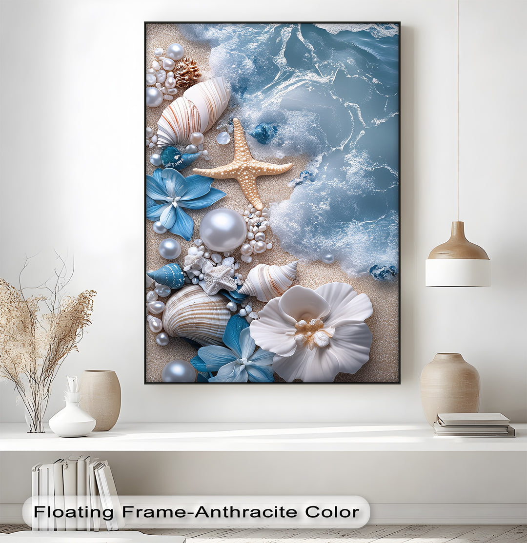 Coastal charm and ocean treasures come alive on this serene photo canvas.


