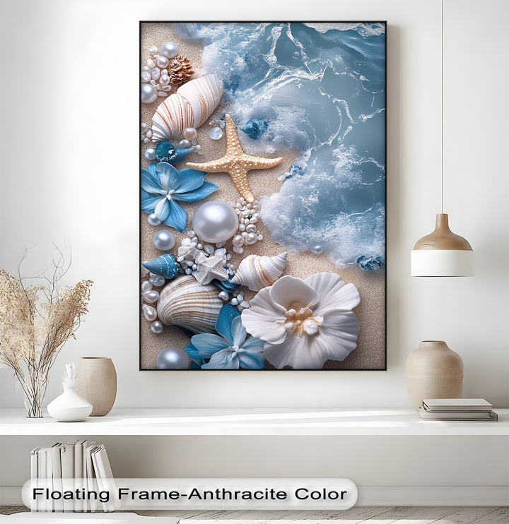Coastal charm and ocean treasures come alive on this serene photo canvas.

