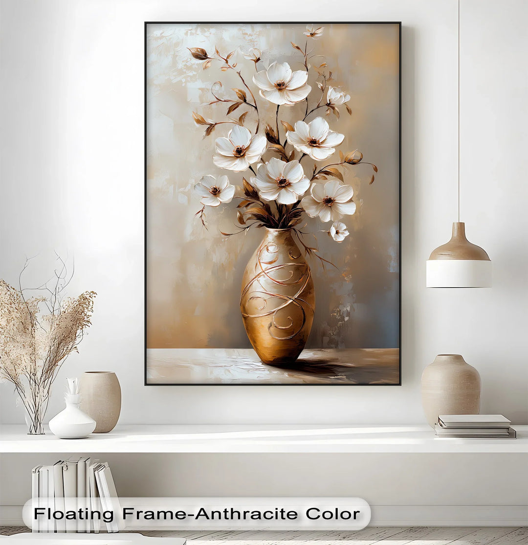 Classic Floral Display – neutral-toned canvas print with gold vase and blossoms.

