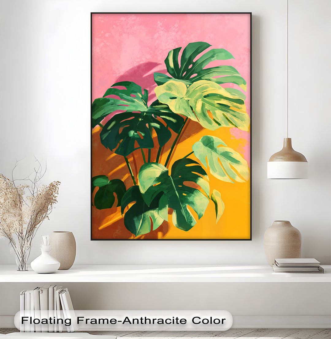 High-quality canvas artwork showcases the vibrant tropical monstera leaves print, emphasizing the rich colors and detailed botanical design with a durable finish.