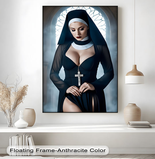 Showing the finish of the framed canvas pictures, this Sacred Desire erotic canvas wall art boasts large framed canvas prints with an anthracite floating frame.