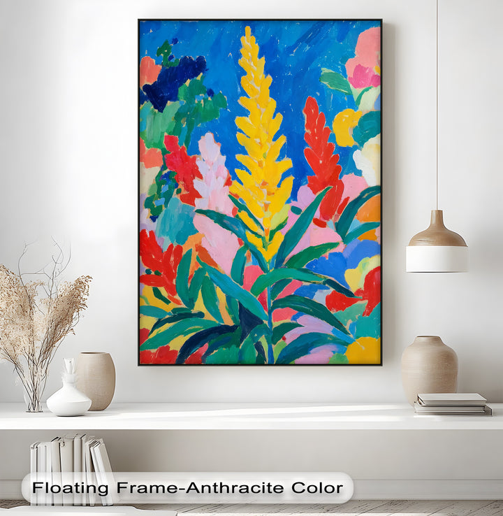 The stillness of the colorful abstract garden in this vibrant Fauvist flower canvas print captures a captivating botanical scene with its unique canvas print.