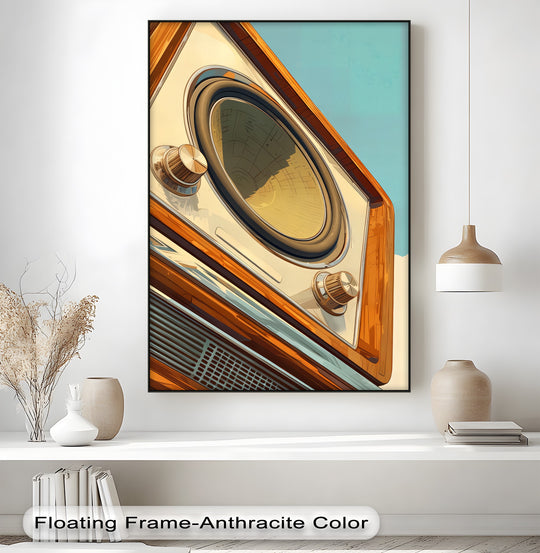 The darkest area of the retro radio dial canvas art print accentuates the golden and chrome speaker, a striking example of canvas art, framed in anthracite.