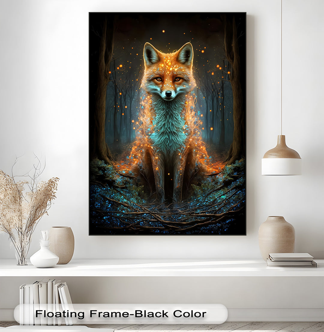 The highly saturated canvas pictures portray a mystical fox radiating with fiery orange and cool teal hues amidst a dark, enchanted forest.
