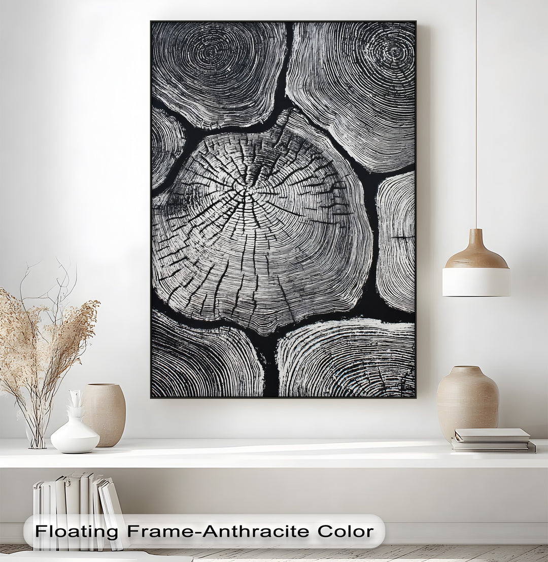 Detailed surface texture of this black and white wood texture canvas print showcases the minimalist tree ring wall art, ideal for creating best canvas prints in a modern space.
