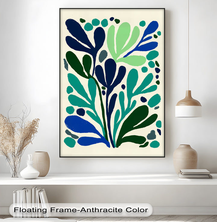 Layered depths define this minimalist botanical canvas artwork, where abstract leaf shapes in various blues create a captivating, dimensional print.