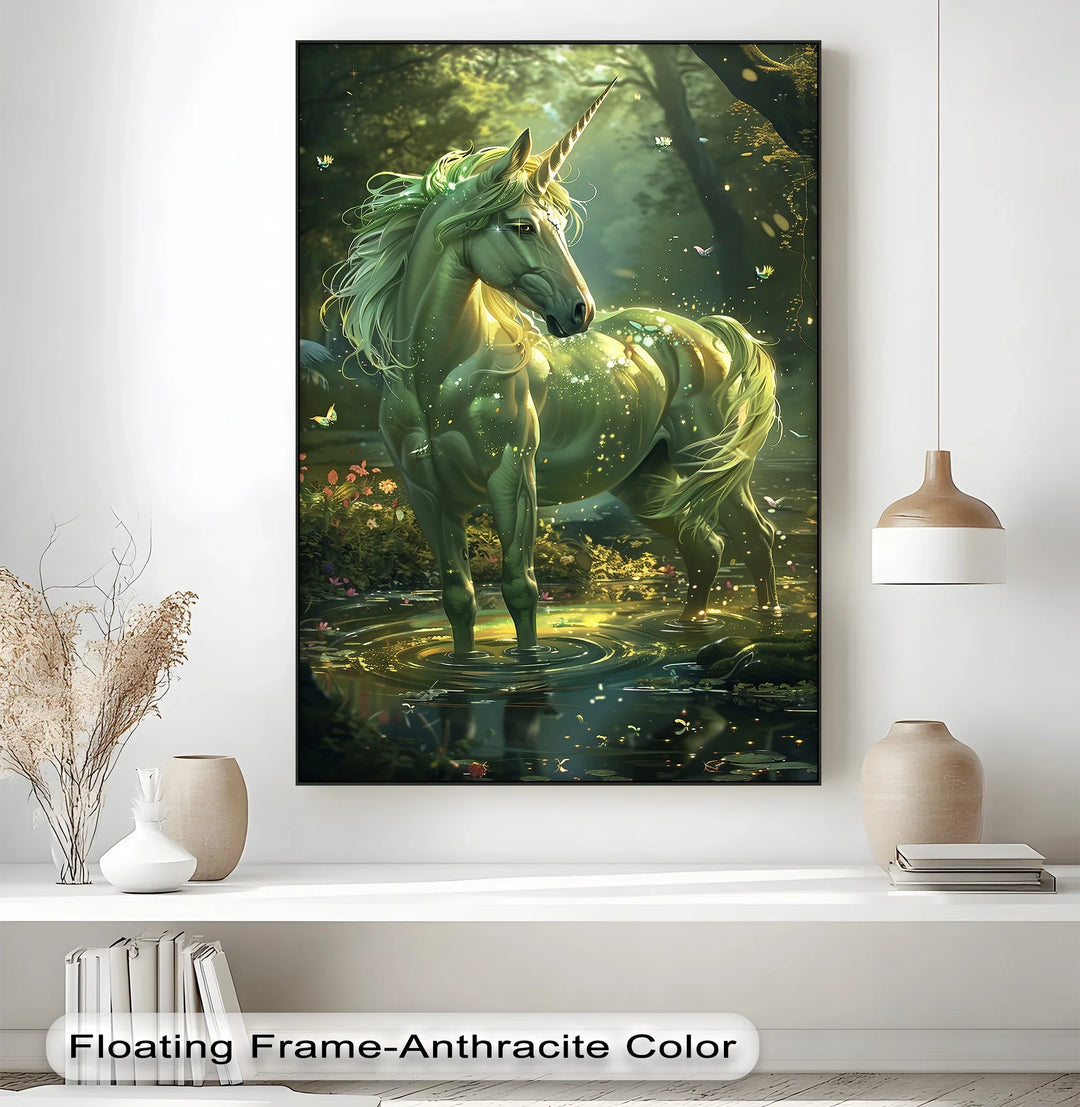 Glowing Green Unicorn in Enchanted Pond - Animal Canvas Print - MyPhotoStation