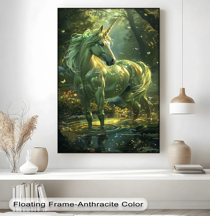 Glowing Green Unicorn in Enchanted Pond - Animal Canvas Print - MyPhotoStation