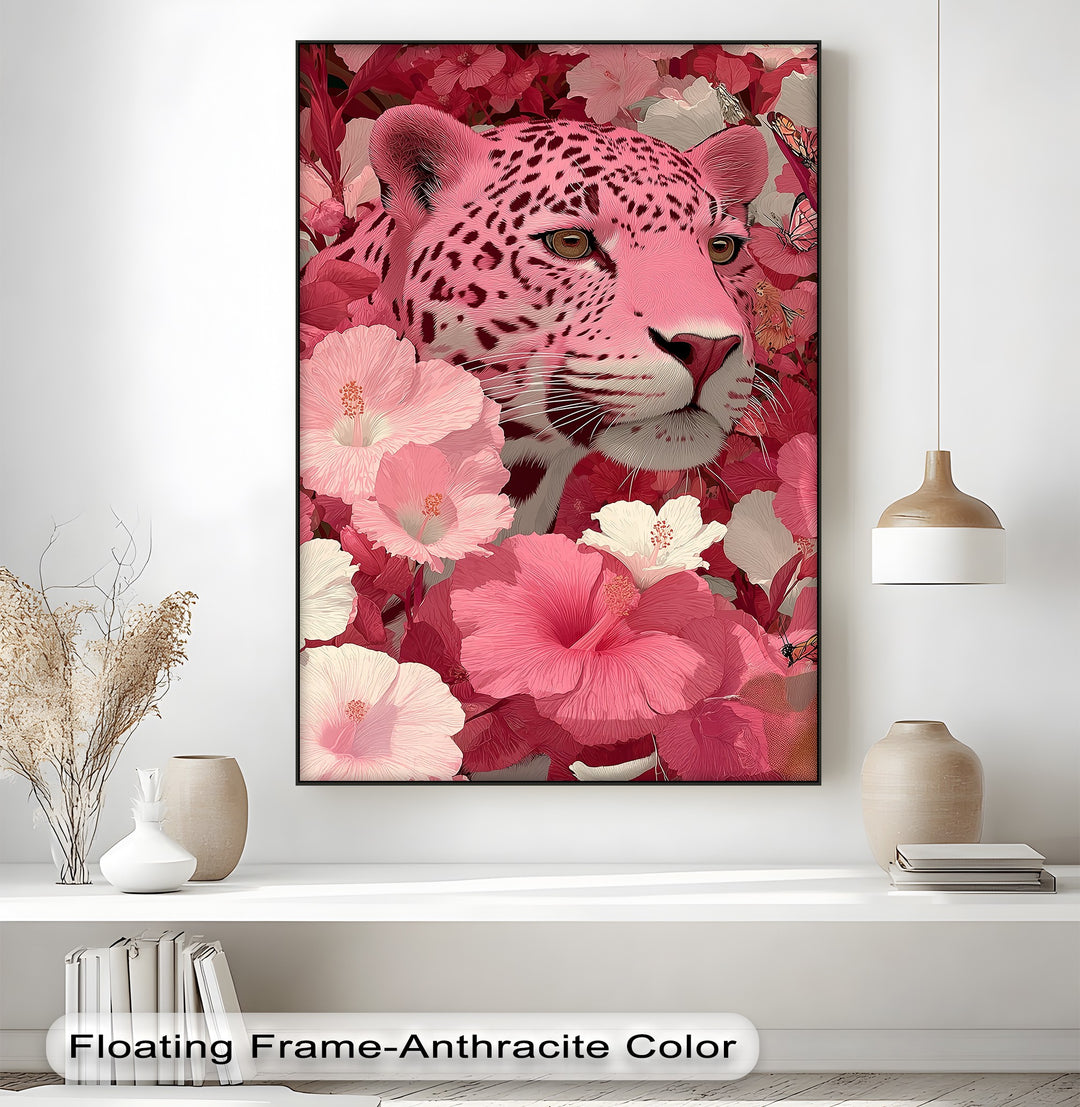Blush Predator – Pink Leopard in Hibiscus Jungle Canvas Print