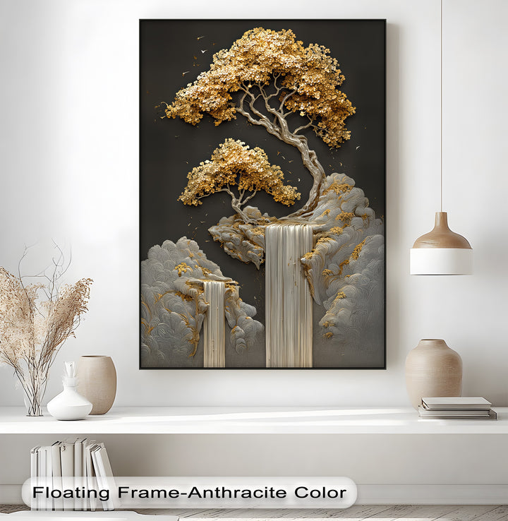 Golden Cascades – Abstract Tree and Waterfall Canvas Print