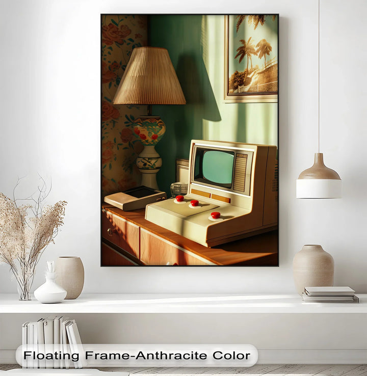 Vintage Computer with Lamp – Retro Style Canvas Print
