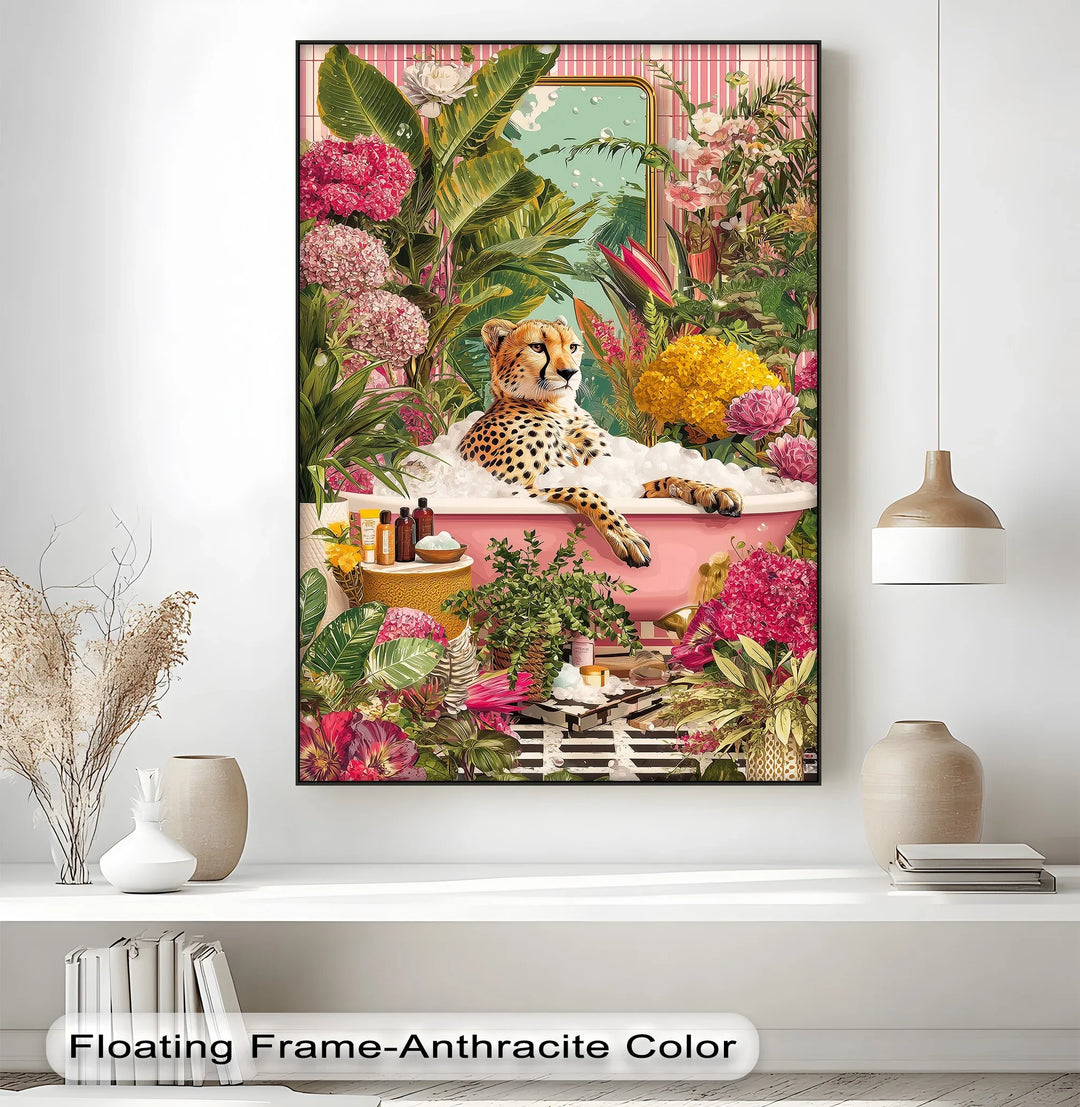 Cheetah in Pink Bathtub – Whimsical Jungle-Inspired Canvas Print - MyPhotoStation