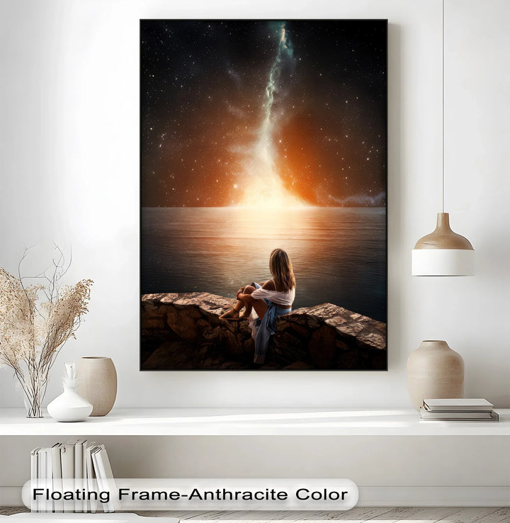 Cosmic Reflection – Stargazing Woman by the Ocean Canvas Print