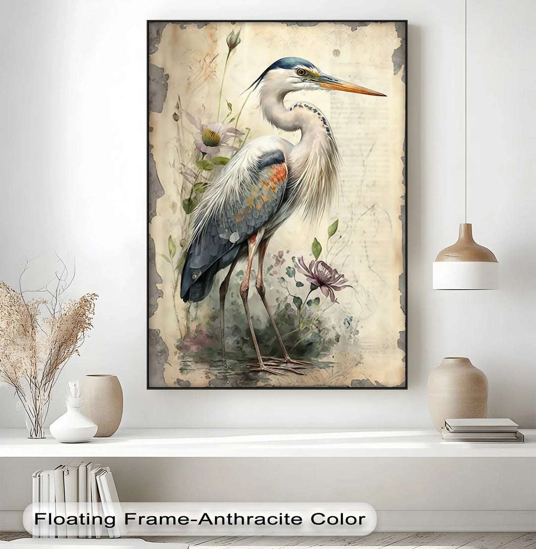 Graceful Heron Amid Wildflowers – Vintage Nature Canvas Print - MyPhotoStation
