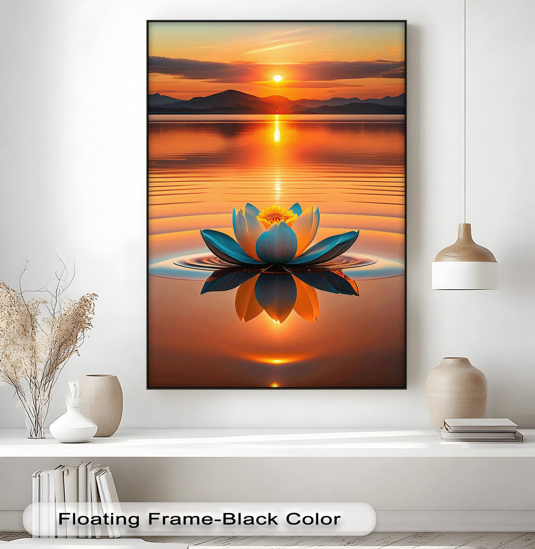The brilliant sun and its glowing reflection on the calm lake brightly illuminate a serene lotus on this peaceful Zen framed canvas.