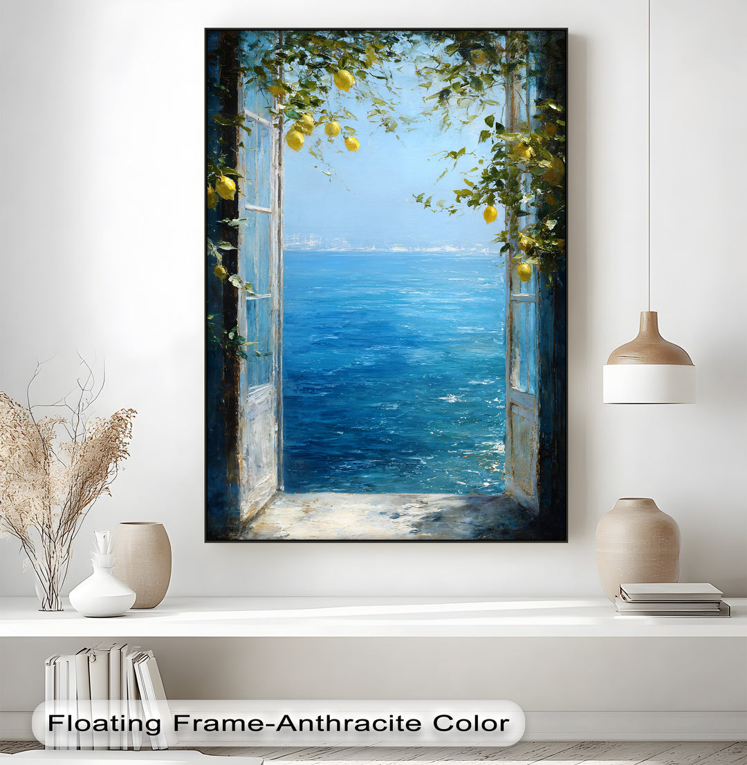 Azure hues dominate this Mediterranean lemon window canvas print, providing stunning canvas wall decor for a coastal sea view art piece.