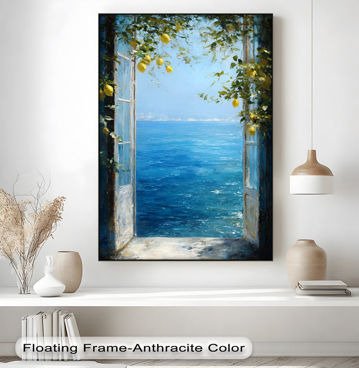 Azure hues dominate this Mediterranean lemon window canvas print, providing stunning canvas wall decor for a coastal sea view art piece.