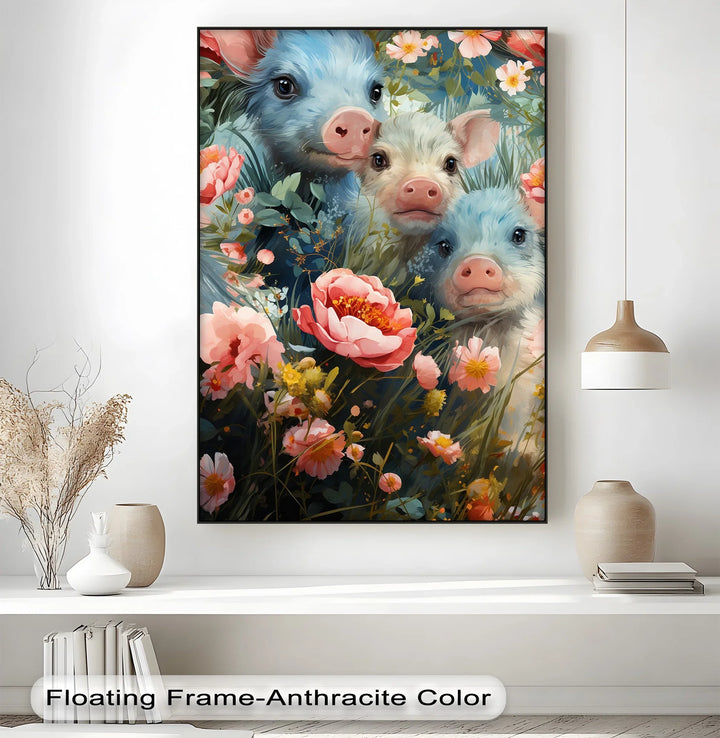 Blossom Companions – Piglets Among Spring Blooms Animal Canvas Print - MyPhotoStation