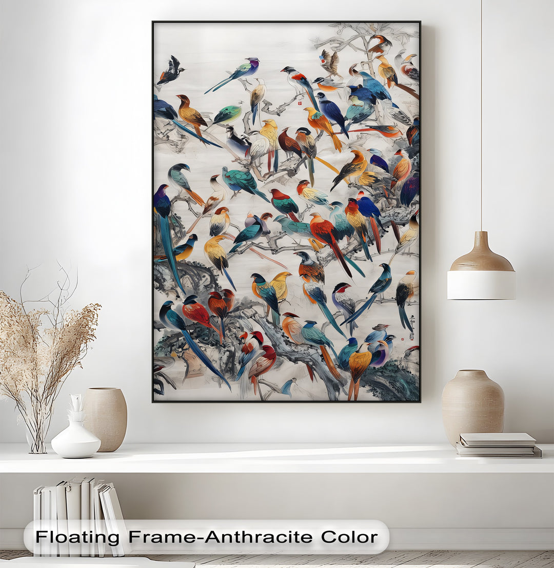 Symphony of Colors – Exotic Birds Gathering Canvas Wall Art | Large Canvas